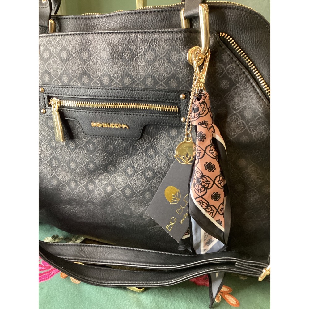 Big Buddha Satchel Handbag Black Monogram Gold Hardware Scarf Charm - Picture 2 of 6